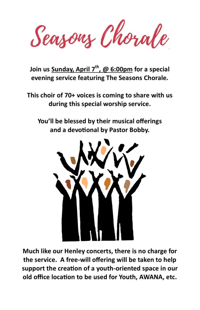 This unique worship service will feature a wonderful selection of songs by a 70+ voice choir.  Don't miss this great service!